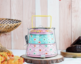 Hand-Painted Indian Tiffin Lunch Box: 2-Tier Stainless Steel Carrier