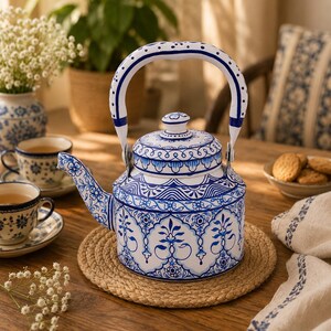 Peut inclure: Une bouilloire à thé en métal blanc ornée d'un motif floral et géométrique bleu détaillé sur le corps, le couvercle et l'anse arquée. La bouilloire possède un bec verseur incurvé et un couvercle assorti avec un petit bouton, au design bleu et blanc.