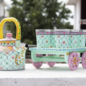 Hand painted tea set - "HABIBI" Induction friendly steel kettle, cart ,6 tea glasses  - Kitchen accent, housewarming gift, Christmas gift