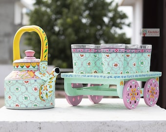 Hand Painted Tea Set: Induction Kettle, Cart & Glasses - Mughal Jaali Art