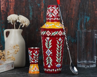 Hand Painted Cocktail Shaker Set: Stainless Steel Barware with Mughal Design