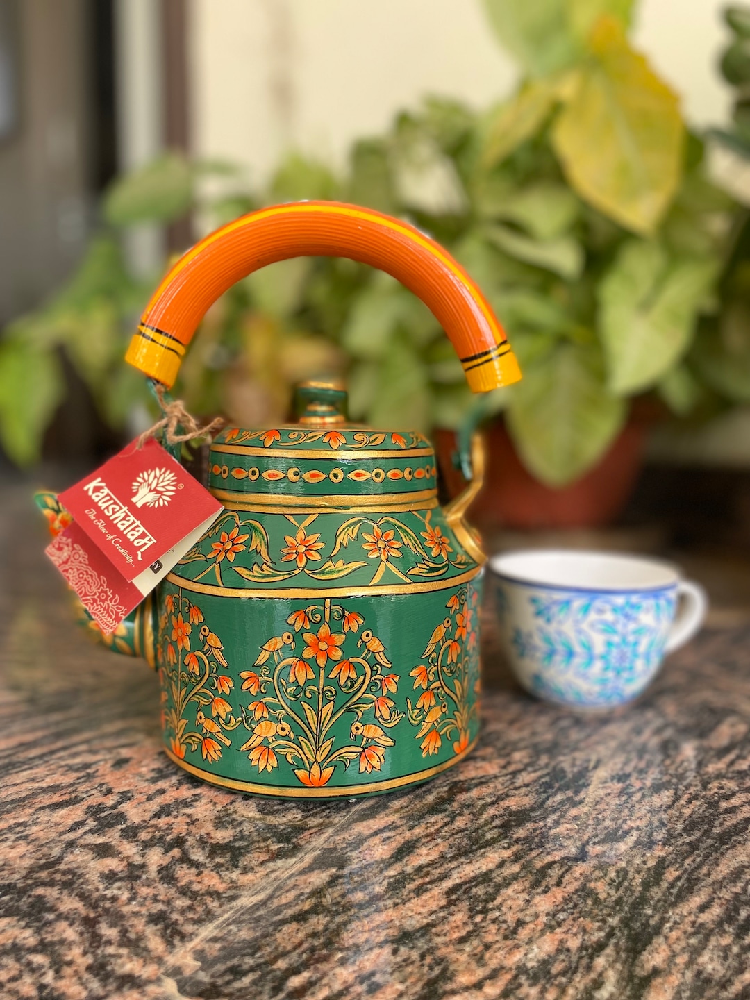 Pilaghanti - Hand Painted Chai Kettle Teapot in White, Green, & Yellow