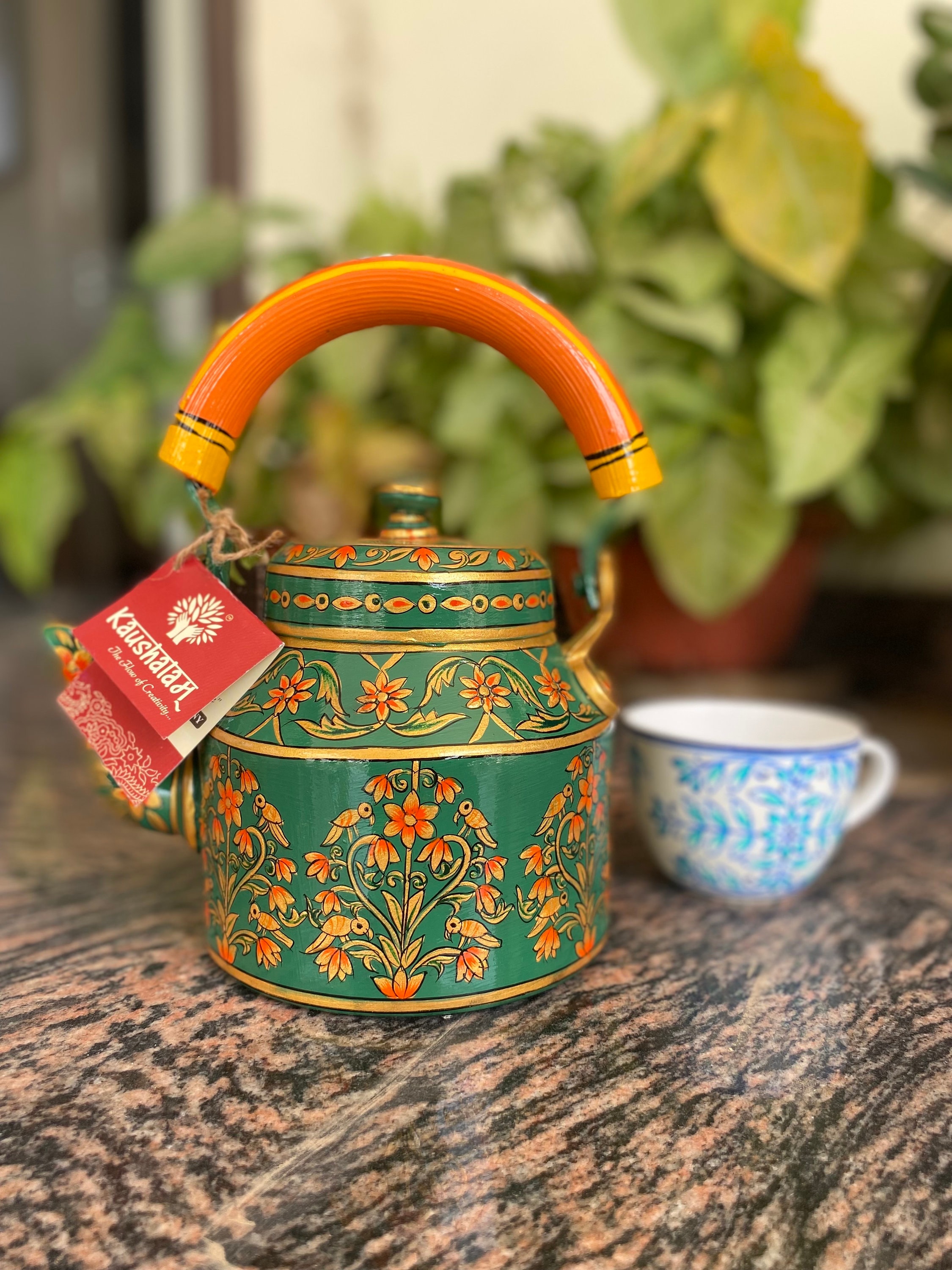 Tea Kettle-kaushalam Hand Painted Emerald Green Teapot, Jaipur