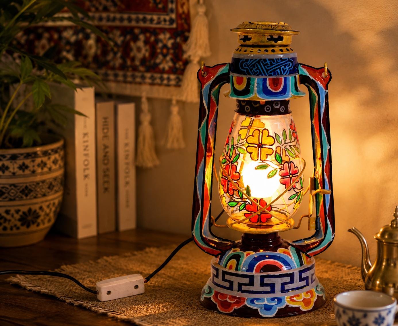 Hand Painted Hurricane Lantern | Retro Table Lamp | Christmas