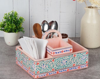 Pink City Cutlery Caddy, Hand Painted Wooden Organizer, Table Organizer, Housewarming Gift