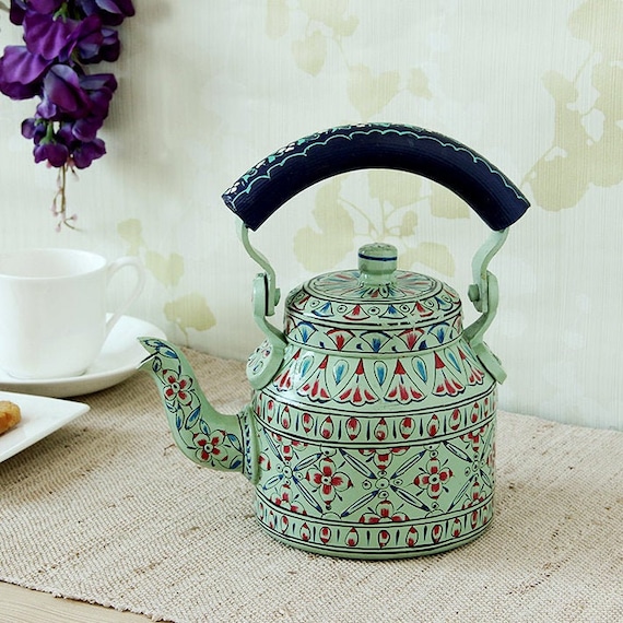 Tea Kettle-kaushalam Hand Painted Emerald Green Teapot, Jaipur