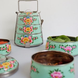 Kaushalam Hand Painted 3 Tier Lunch Box, Indian Dabba, Stainless Steel Eco-Box, 3 Food Containers Tiffin, Food Grade Containers Aqua Green