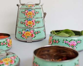 Kaushalam Hand Painted 3 Tier Lunch Box, Indian Dabba, Stainless Steel Eco-Box, 3 Food Containers Tiffin, Food Grade Containers