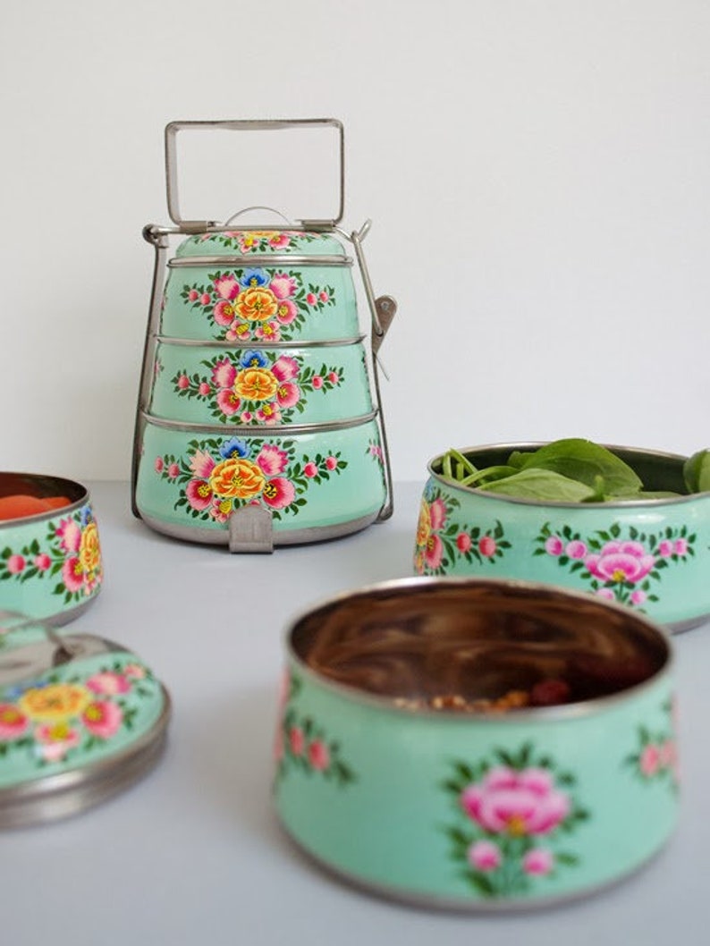 Kaushalam Hand Painted 3 Tier Lunch Box, Indian Dabba, Stainless Steel Eco-Box, 3 Food Containers Tiffin, Food Grade Containers Aqua Green