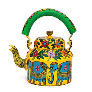 Hand-Painted Indian Tea Kettle: Madhubani Folk Art, Blue Elephant Design Tea Pot