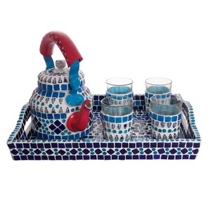 Kaushalam Hand Crafted Mosaic Tea set with tray and 6 Tea Glasses : Festive Gift, Gift for Her, A prefect gift combo, Housewarming gift,