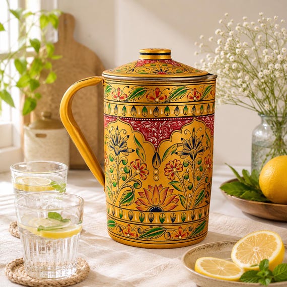 Handbemalter Edelstahlkrug: Golden Mughal Art, 2 Liter