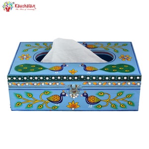 Hand Painted Wooden Tissue Box: Mughal Art Peacock Design