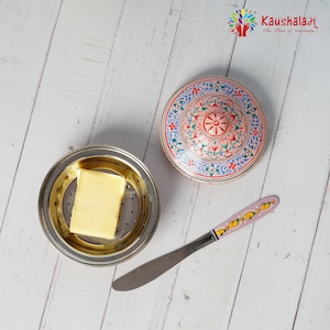 Hand-Painted Floral Butter Dish with Lid: Mughal Art Stainless Steel
