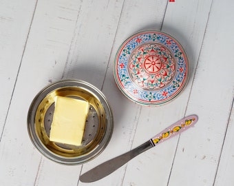 Roseate: Butter Dish with lid ,Hand Painted Stainless Steel Butter Container, Butter Warmer