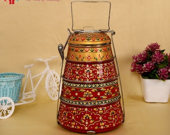 Hand Painted 4-Tier Tiffin Box: Indian Miniature Art Lunch Box