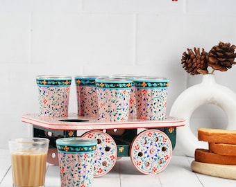 Hand Painted Tea Cart Set with Mughal Art Glasses | Pink City Serveware