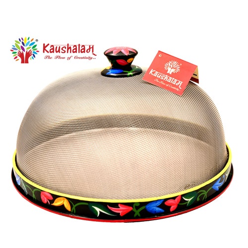 Food shops cover - Hand painted Cloche with round Steel Tray : Dome food cover of wire mesh with handle and Round Serving plate