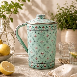Hand Painted Water Jug, Aqua Green Stainless Steel Pitcher With Lid