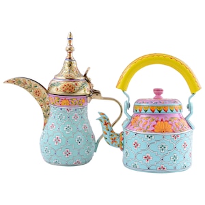 May include: Two decorative metal teapots. One is a tall, ornate coffee pot with a long spout and a gold-coloured lid. The other is a round teapot with a yellow handle. Both are painted with floral patterns in shades of blue, pink, and orange.