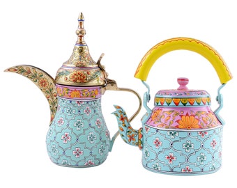 Hand Painted Brass Coffee Pot Set: Arabic Dallah & Tea Kettle