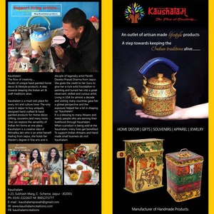 May include: A colorful hand-painted metal kettle with intricate floral designs. The kettle is a traditional Indian craft item and is part of a collection of home decor, gifts, and souvenirs. The text "Kaushalaम् The Flow of Creativity..." is visible in the image.