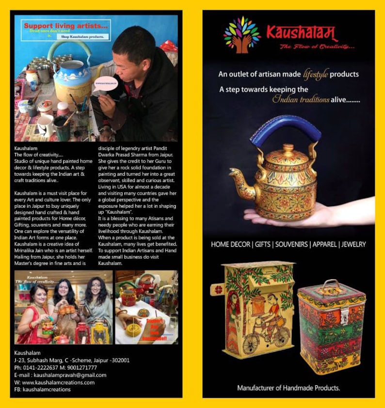 May include: A colorful hand-painted metal kettle with intricate floral designs. The kettle is a traditional Indian craft item and is part of a collection of home decor, gifts, and souvenirs. The text "Kaushalaम् The Flow of Creativity..." is visible in the image.