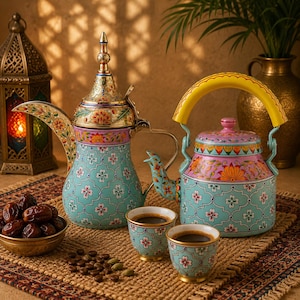 May include: A tall brass-colored coffee pot with a pointed lid and a round teapot with a yellow handle, both featuring light blue floral patterns. Two matching small cups filled with dark liquid sit beside a bowl of dates and scattered coffee beans.