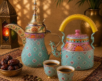 Hand Painted Brass Coffee Pot Set: Arabic Dallah & Tea Kettle - Etsy
