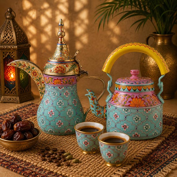 Hand Painted Brass Coffee Pot Set: Arabic Dallah & Tea Kettle - Etsy