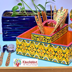 Portaposate Dipinto a Mano, Posate, Sale & Pepe, Contenitore di Carta Velina, Organizzatore di Contenitori da Cucina, Realizzato in Legno Riciclato, Porta Argenteria