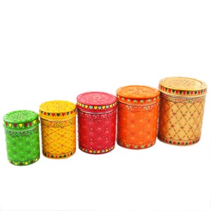 Hand painted canister set of 5 containers: storage steel jars, Cookie jars, artistic kitchen dinning Tins, Bridal Gift, Multi color