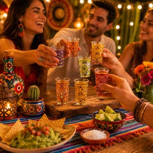 May include: A collection of small, clear glass shot glasses decorated with intricate, colorful painted patterns and raised dots. The glasses are held in a toast, accompanied by a matching painted bottle, a small cactus, and a bowl of guacamole.