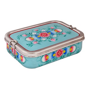 School Lunch Box-Hand Painted Lunch Box , Bento Box for carrying food to school, Office or picnic, small Tiffin, Floral Kashmiri art