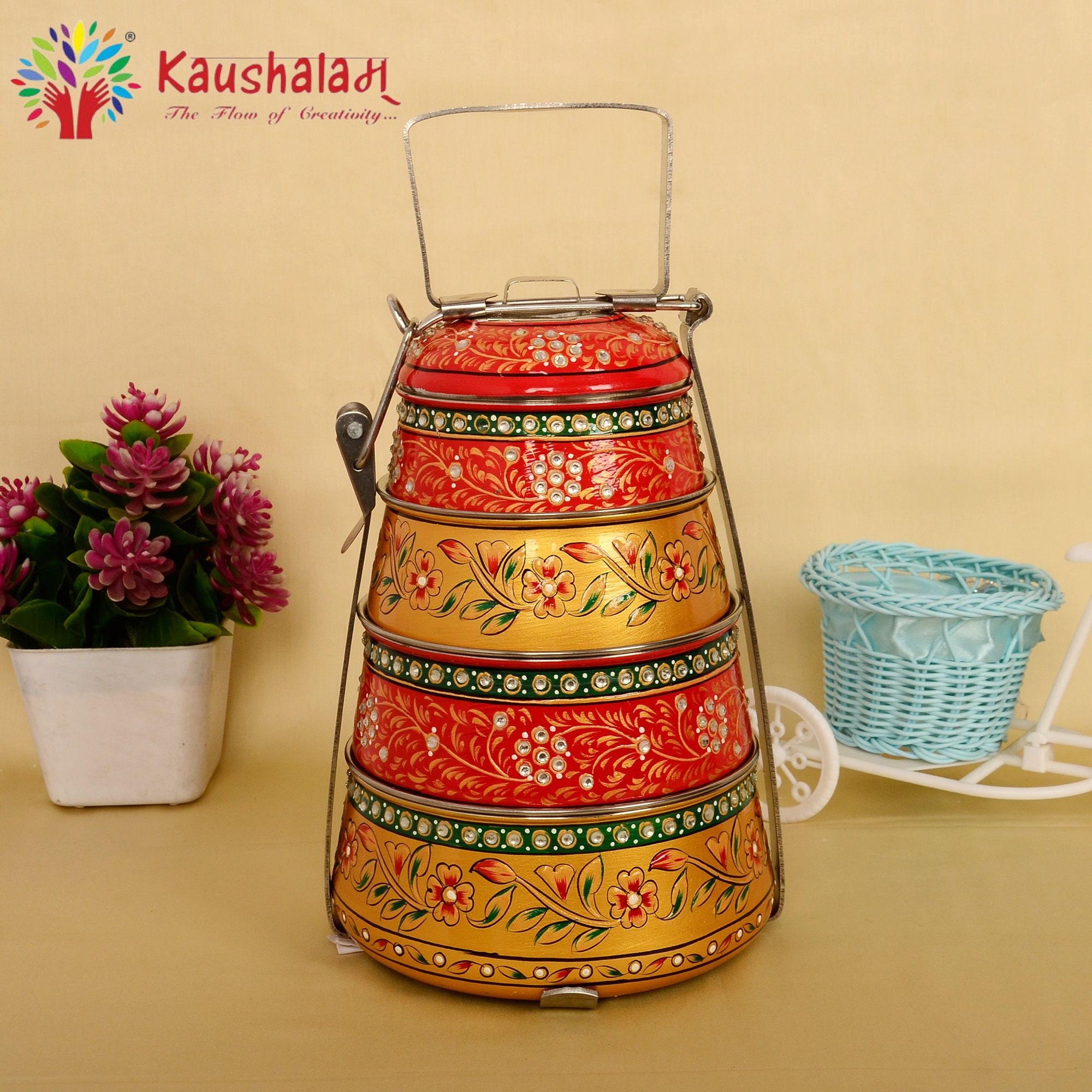 Kaushalam Hand Painted 3 Tier Lunch Box, Indian Dabba, Stainless Steel Eco- box, 3 Food Containers Tiffin, Food Grade Containers 