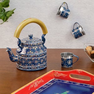 Hand Painted Exotic Blue Tea Set, Tea Kettle, Wooden Tray and 6 Steel Tea Cups / Mugs : Festive Gift, Gift for Her, Housewarming gift