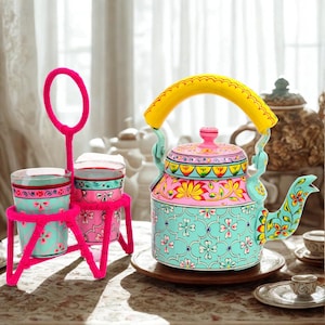 Juego de té pintado a mano: tetera Mughal Pichwai con soporte de vidrio