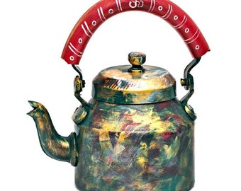 Kaushalam Hand Painted Tea Kettle : Kitsch art, Antique looking tea pot, Kitchen decor, Tea lovers collectible, Countryside teapot