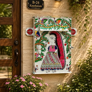 May include: A white metal mailbox featuring a hand-painted illustration of a person in a patterned skirt and head covering standing under a tree with birds. The mailbox has a hinged lid, a metal latch, and decorative red floral side accents.