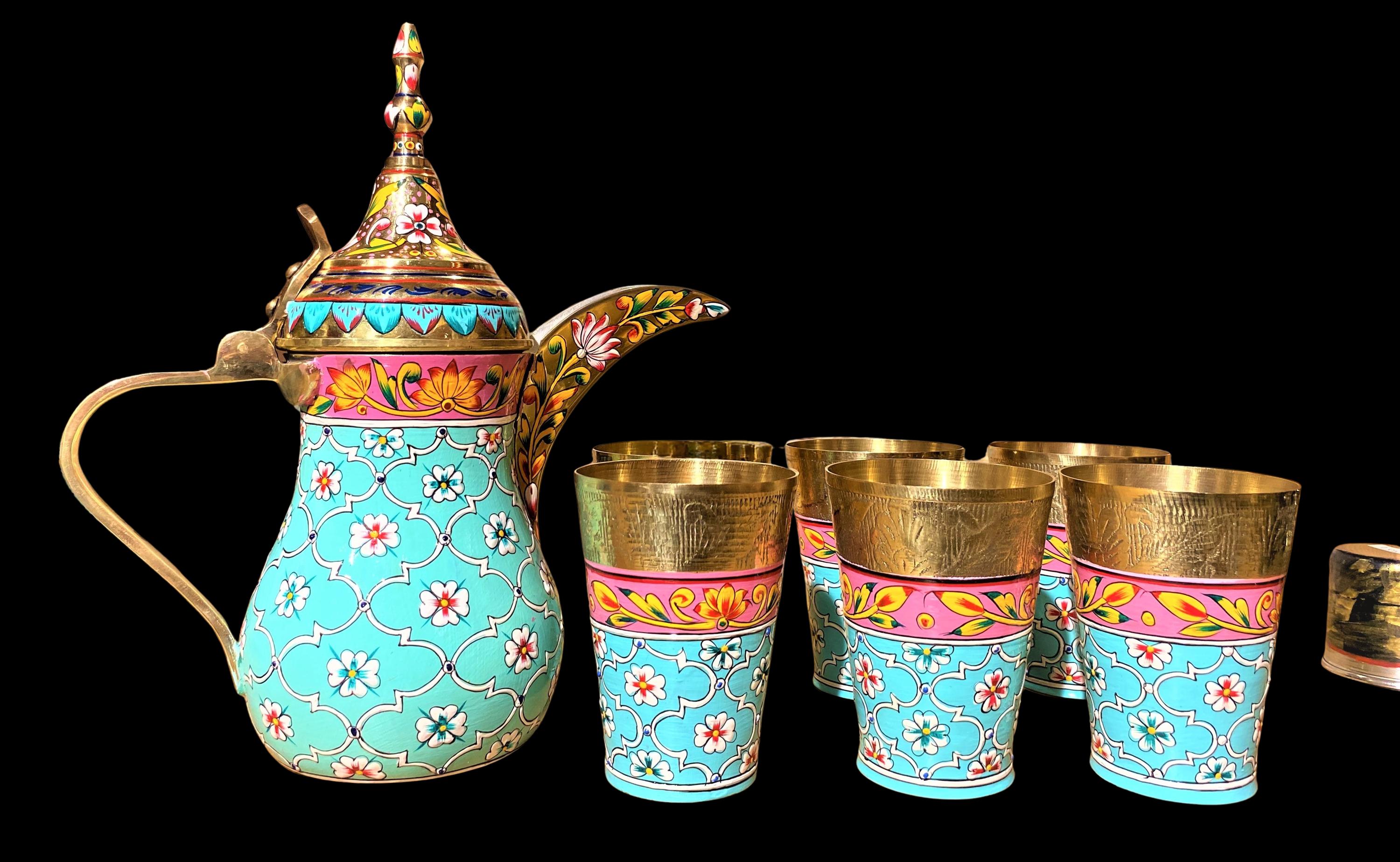 Hand Painted Brass Arabic Coffee Pot Set: Aqua Green Dallah With