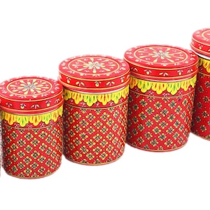 Hand Painted Stackable Container set, Stainless Steel Round Canisters, Cookie Jar, Kitchen Storage, Set Of Five Jars, Christmas décor