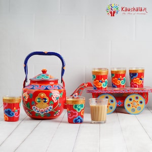 Hand painted Tea Set - Induction Stove Steel Tea Kettle with Tea Cart and  6 Tea Glasses ,Housewarming Gift, Artistic Christmas gift