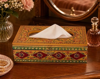 Hand Painted Tissue Box: Mughal Art Embossed Wooden Holder