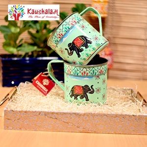 Kaushalam Hand Painted Tea Cups : Pink City Elephant set of 2 coffee Mugs, Festive Gift, Gift for couple, Gift for brother