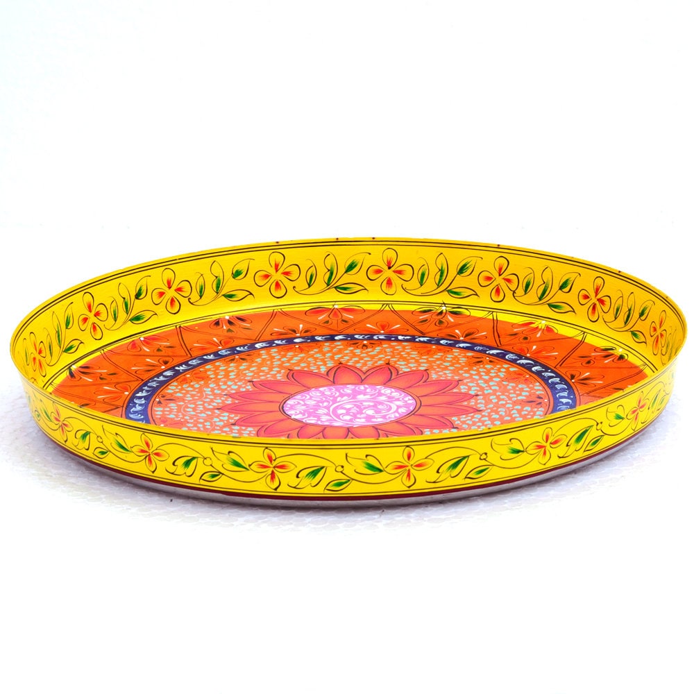 Round Metal Tray, Kaushalam hand painted Serving Tray, Gift for all Occasion, Housewarming, Home Décor, Christmas gift, Table Centerpiece