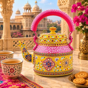 May include: A vibrant yellow and pink metal tea kettle featuring intricate hand-painted floral patterns, colourful gemstone embellishments, and a bright pink handle. The kettle is accompanied by two matching floral tea cups and a plate of biscuits.
