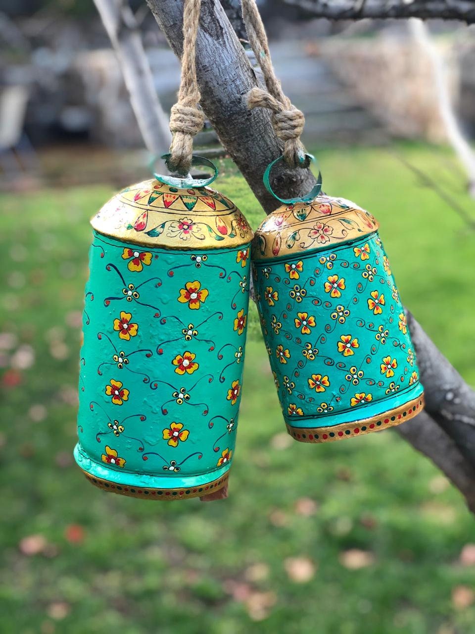 Hanging Bells Set of 2,hand Painted Cow Bells - Summer Patio Hanging Bells Set of 2,hand Painted Cow Bells - Summer Patio