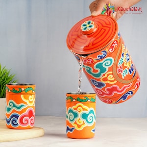Hand Painted Stainless Steel Water Jug set with Tumblers, Water Pitcher with Lid, Tumblers, Steel Glasses