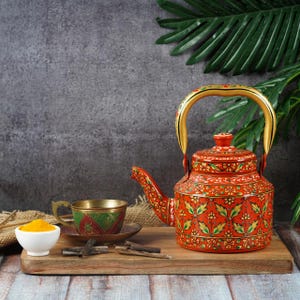 Hand-Painted Stainless Steel Tea Kettle: Indian Art, Christmas Gift