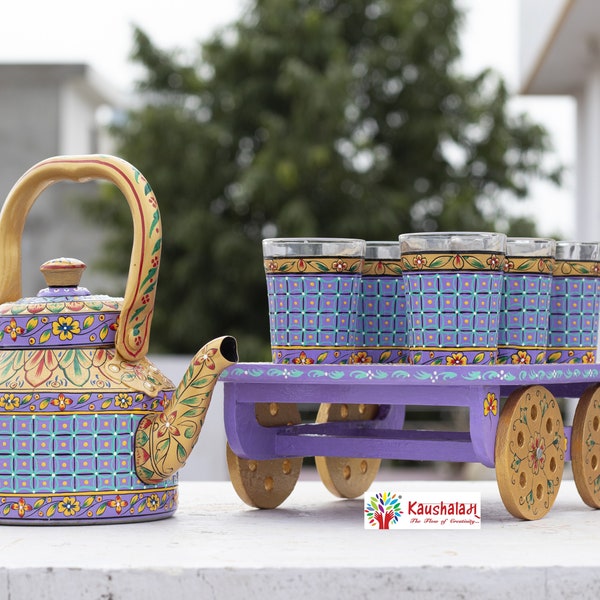 Tea Set Veri Peri - Hand painted Tea Cart Set, Induction friendly Steel Kettle, Cart , 6 Tea Glasses, Kitchen accent, Housewarming gift